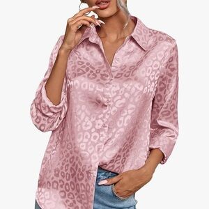Amazon Pink Leopard Print Satin Button-Down Shirt